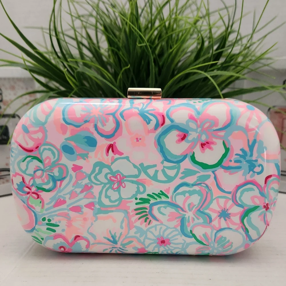 Lilly Pulitzer Hardshell Clutch Floral Pastel Crossbody Bag with Gold Chain